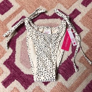 High-leg scoop-waist small Xhilaration Dalmatian dot black white swim NWT